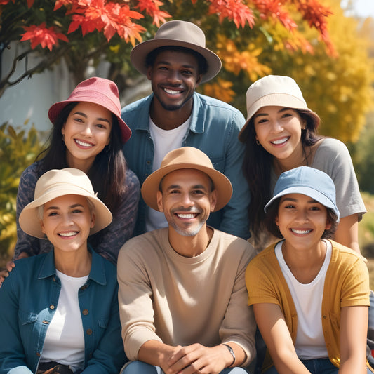 A diverse group enjoying a sunny day in the park, each wearing different styles of bucket hats, showcasing the hat's universal appeal and versatility.