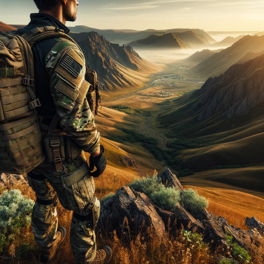 A person clad in Grunt Style's tactical gear, looking out over a valley during the golden hour, embodying adventure and resilience