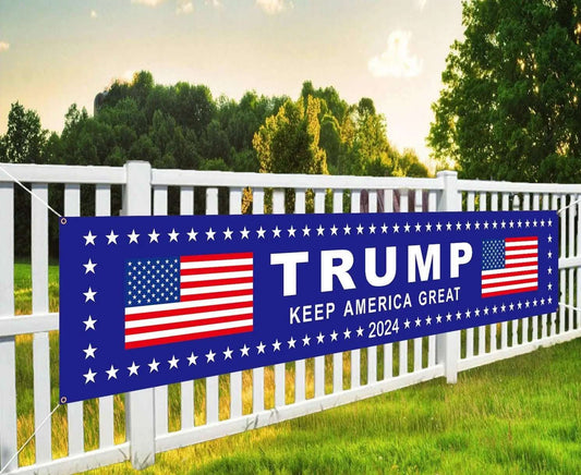 Trump 2024 'Keep America Great' Outdoor Banner - 4 Grommet Polyester Yard & Indoor Decor | trump 2024, trump 2024 flags, trump 2024 merchandise, trump american flag, trump's american flag | Great Again Donald